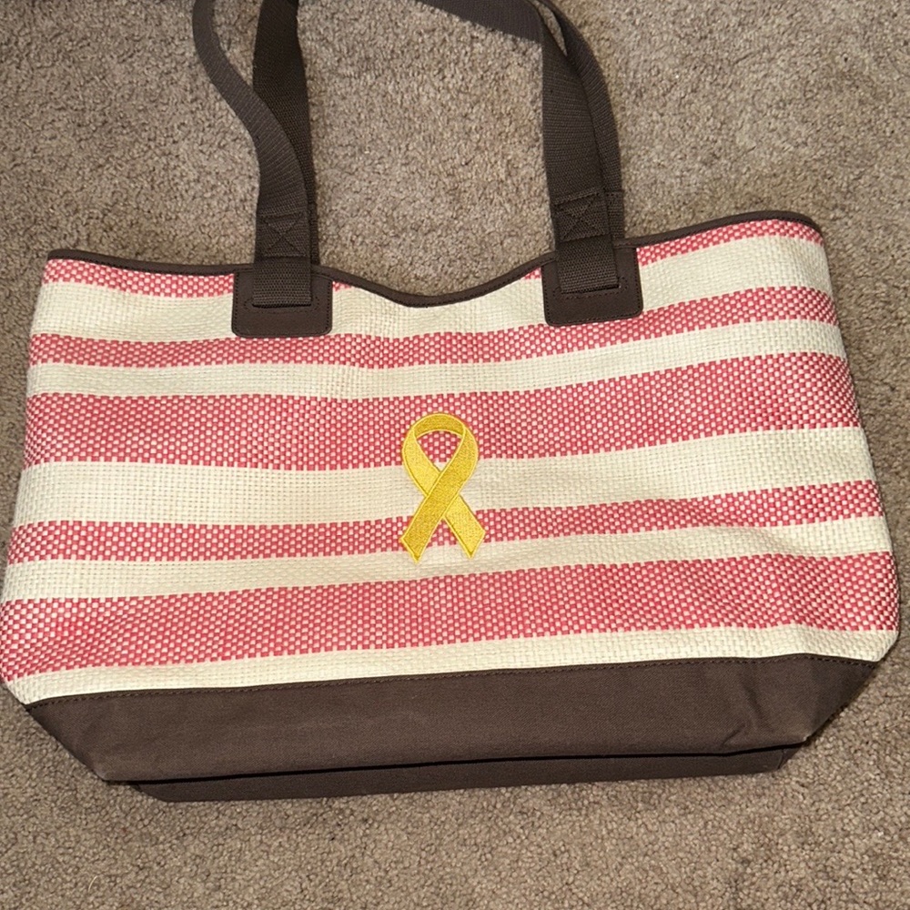 Thirty-One Coral Euro Straw Tote & Suicide Prevention Ribbon Embroidered